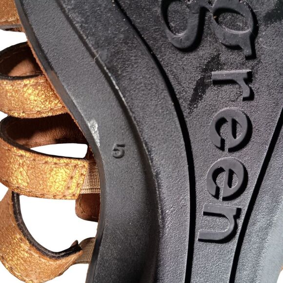 Paul Green Metallic Gold Leather Strappy Thong Sandal Low Wedge Womens 7.5 - Picture 9 of 10